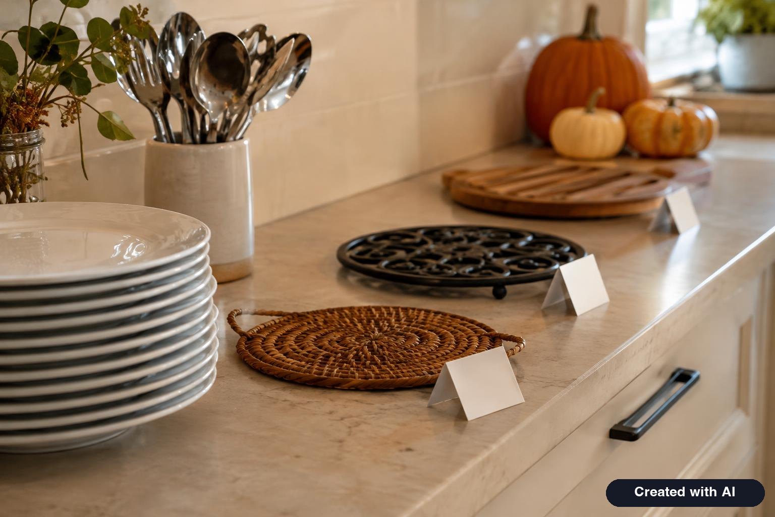 Kitchen counter set up as a buffet with labeled empty spots for potluck dishes and a stack of plates