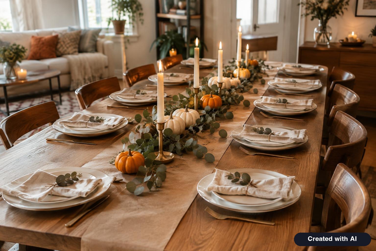 Long dinner table set for Friendsgiving with kraft paper runner, small pumpkins, eucalyptus and taper candles