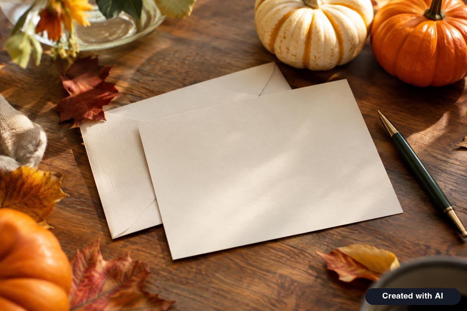 Blank cream invitation card on a table surrounded by fall leaves, small pumpkins and a pen