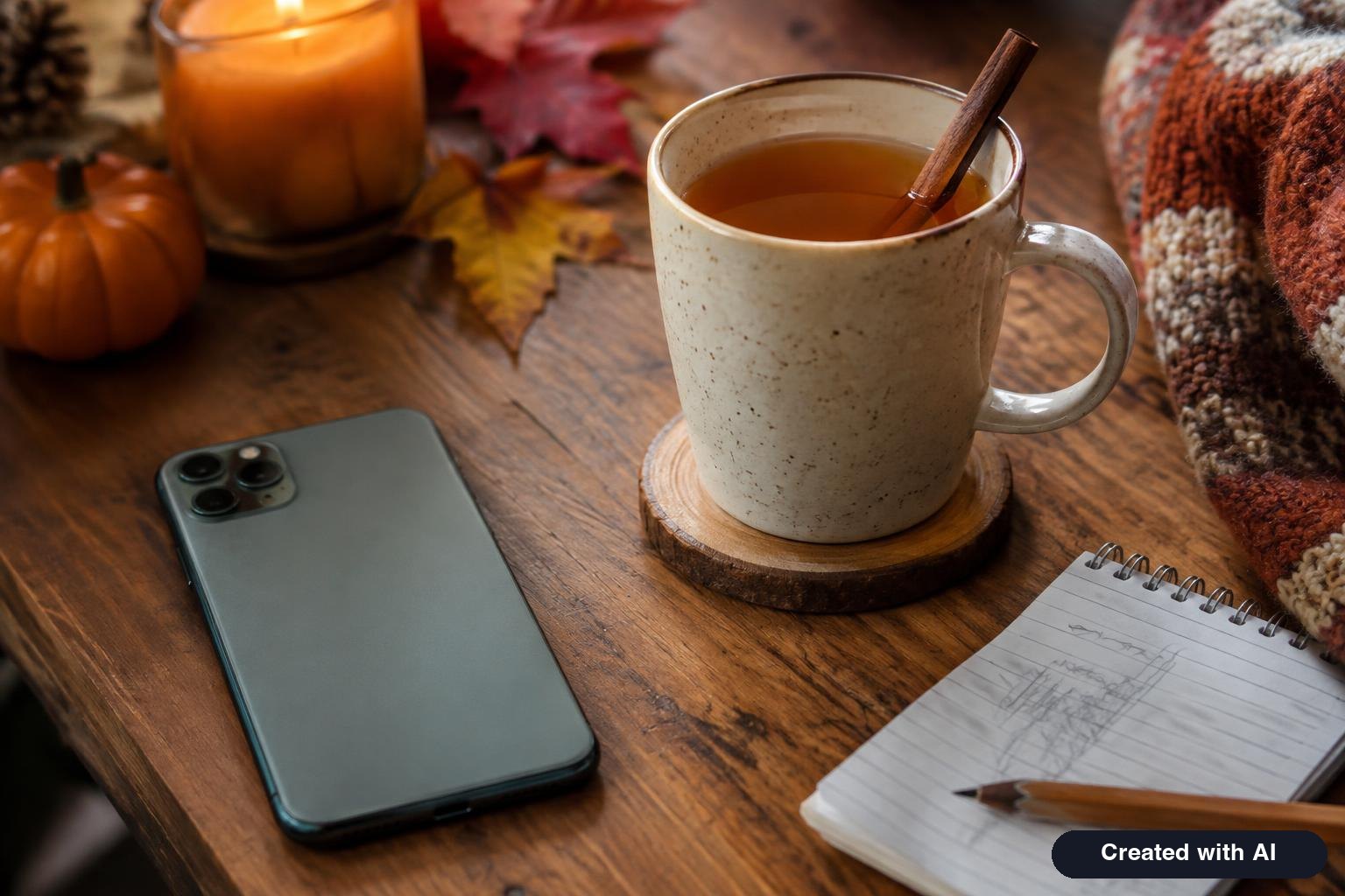 Smartphone lying on a wooden table next to a mug of cider and a notepad with a handwritten potluck list