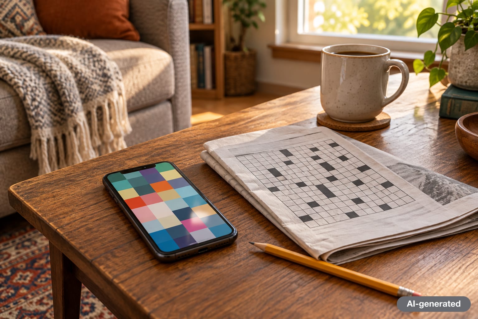 A coffee table with a phone showing a letter grid, a paper crossword and a pencil in morning light