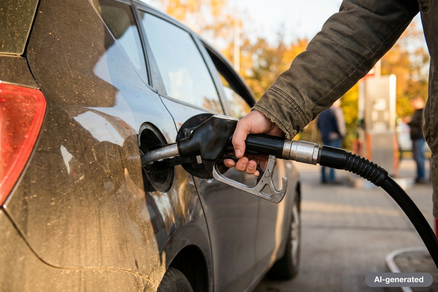A driver refueling a compact car at a bright, open-air gas station on a sunny autumn afternoon
