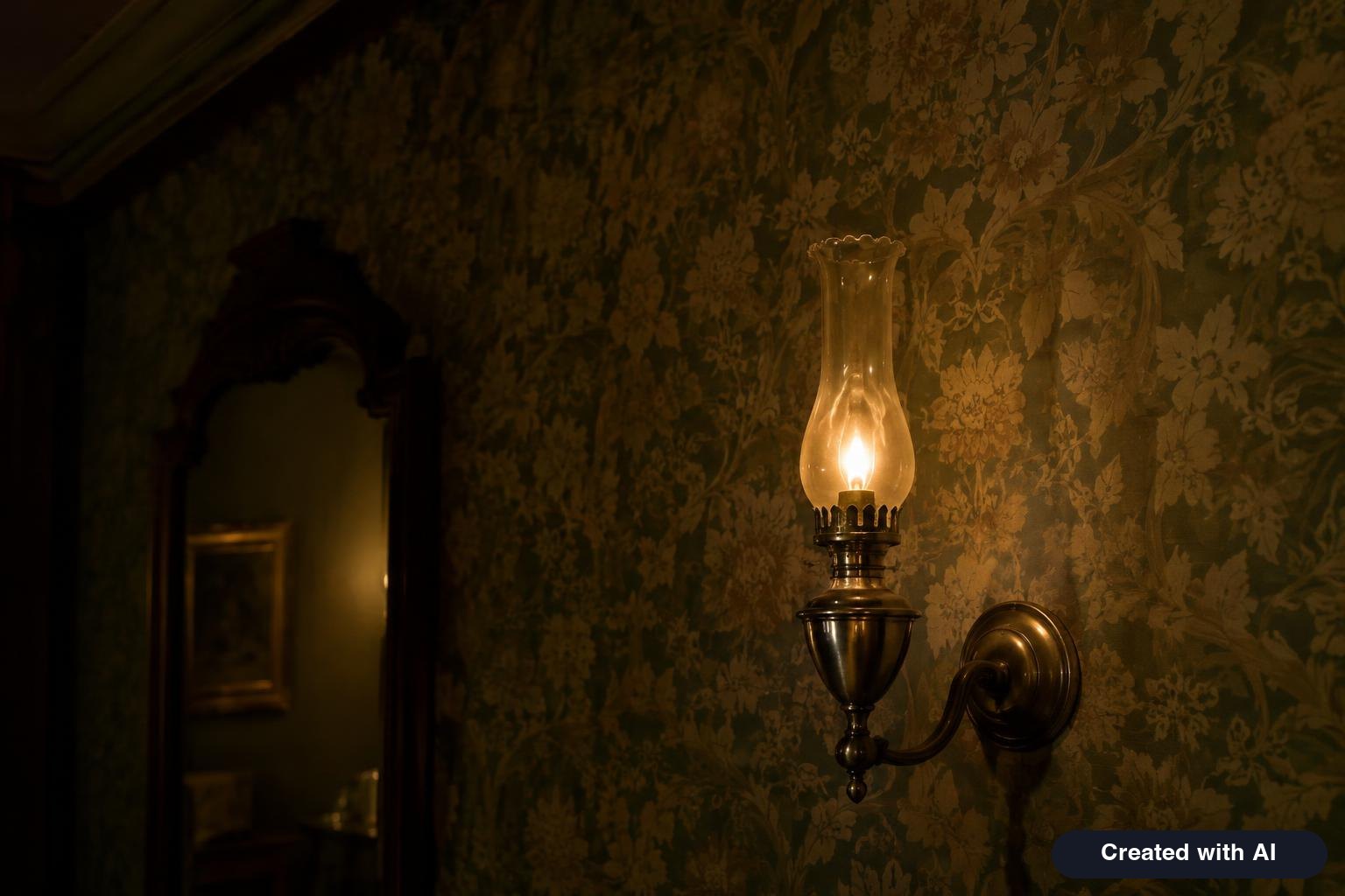 A vintage gas wall lamp glowing dimly in an old Victorian-style room