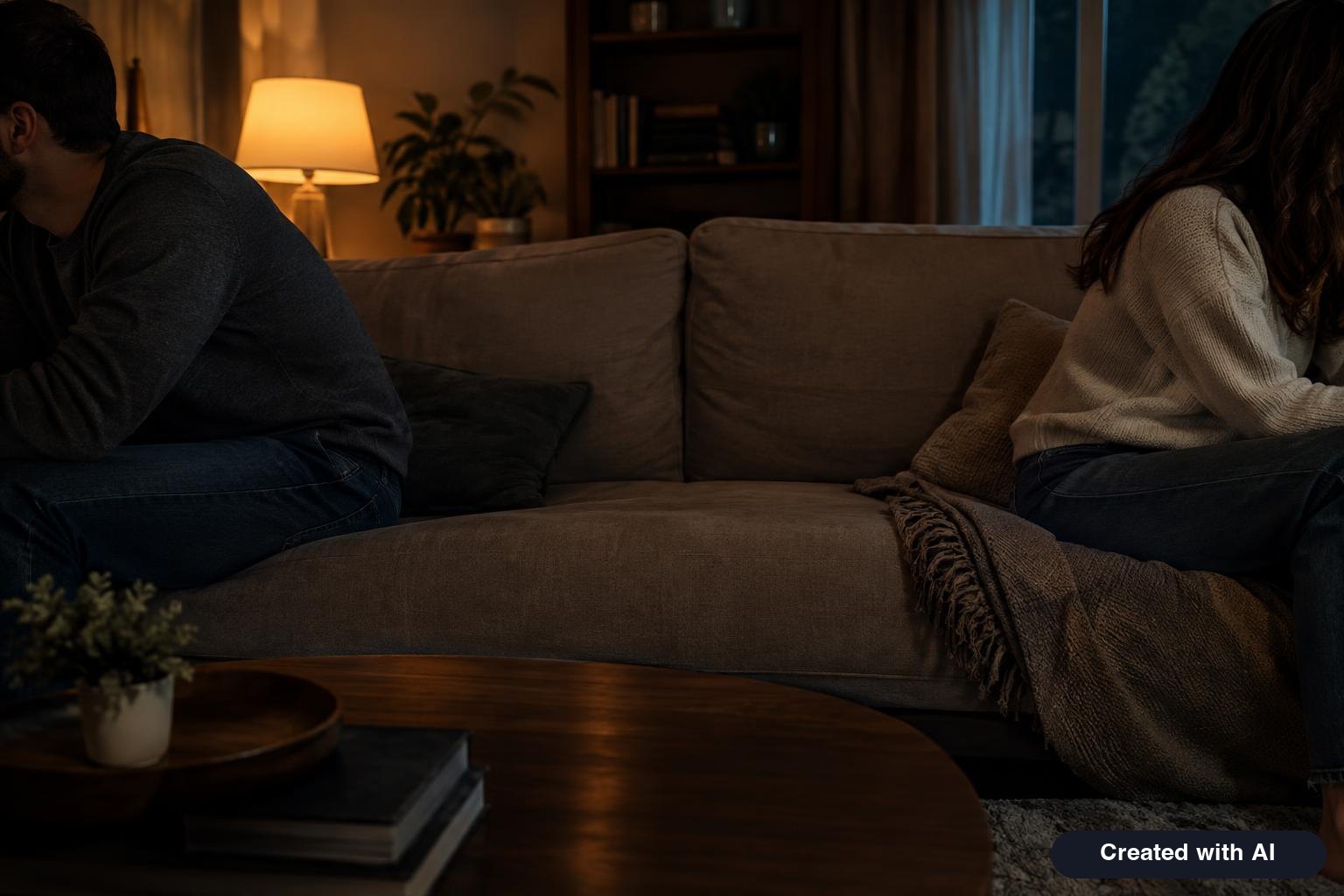 A couple sitting at opposite ends of a sofa in a dim living room, faces not visible