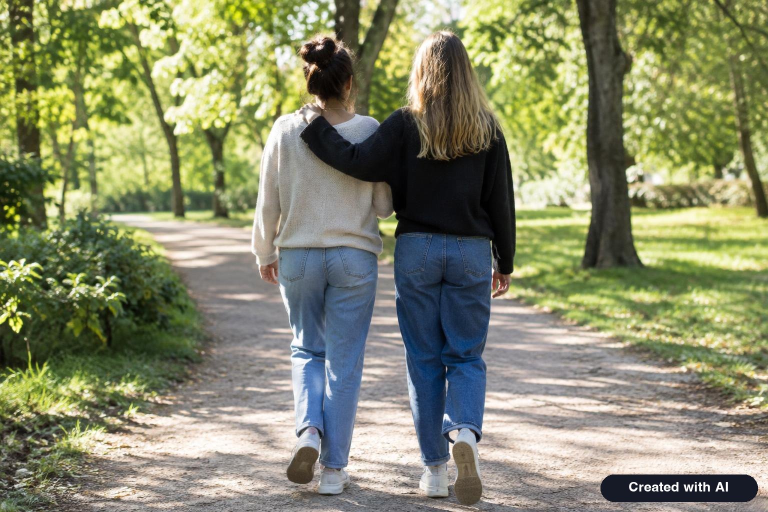 Two friends walking side by side on a sunny park path, seen from behind