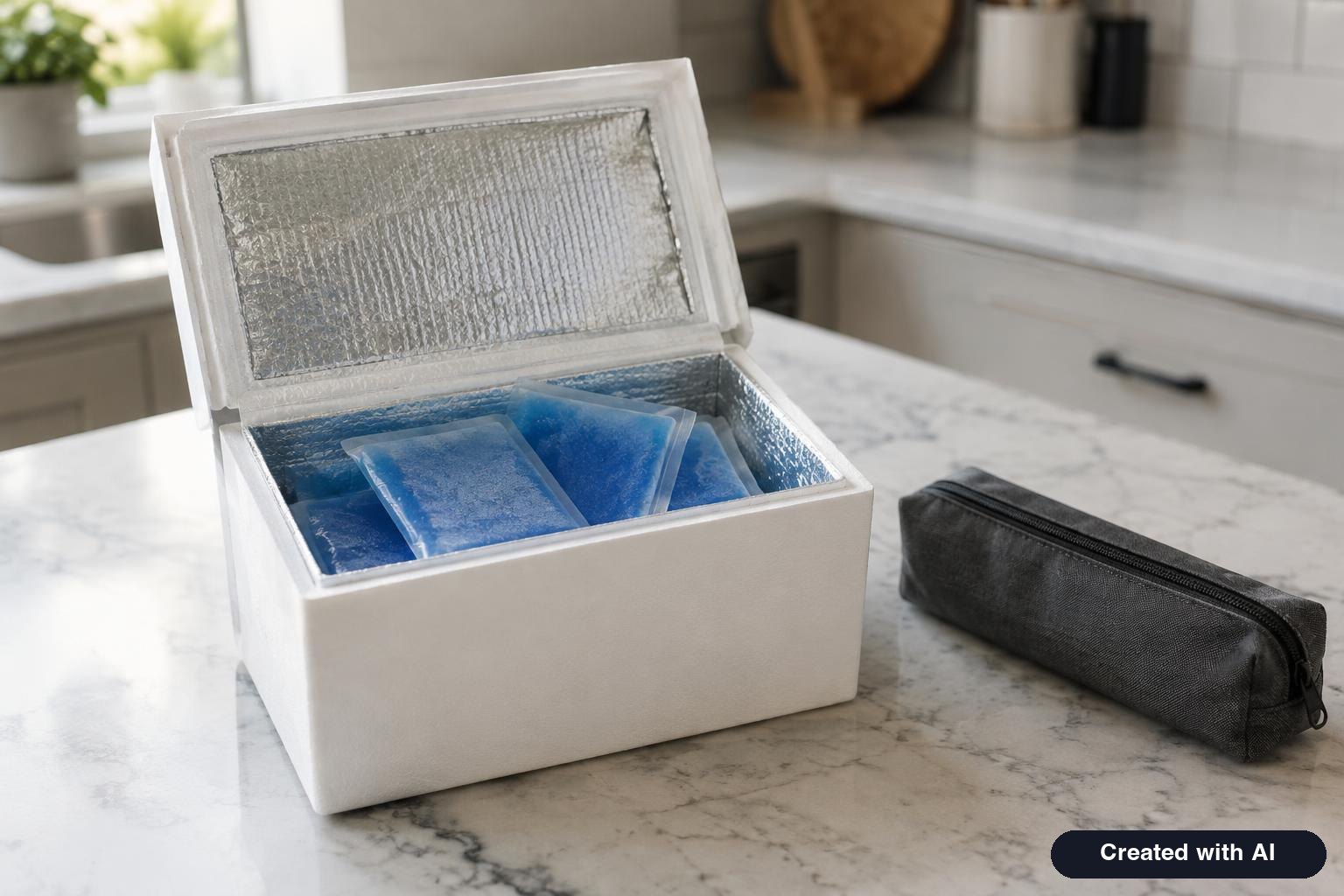 A small insulated delivery box with cold packs on a kitchen counter next to an unbranded pen case