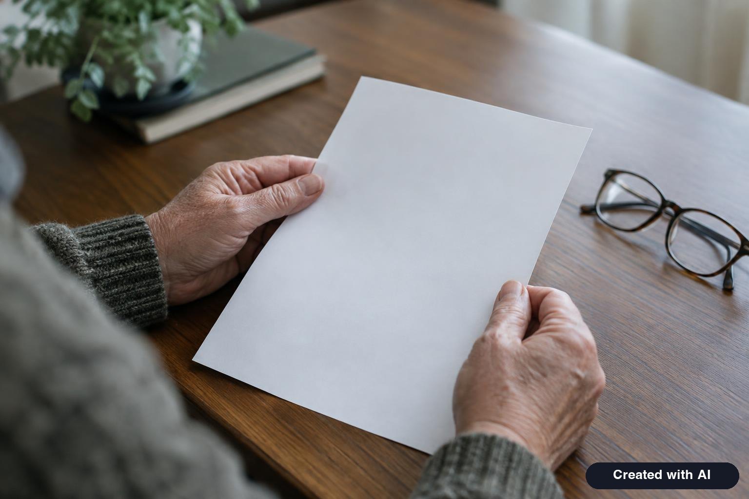 An older adult's hands holding a blank benefits letter beside reading glasses on a table