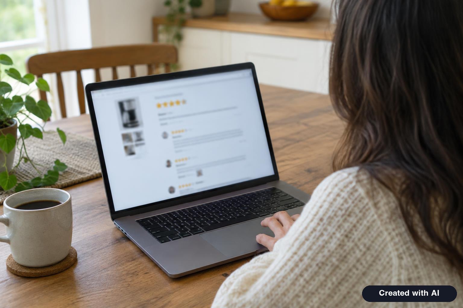 Person reading product reviews on a laptop at a kitchen table with a cup of coffee