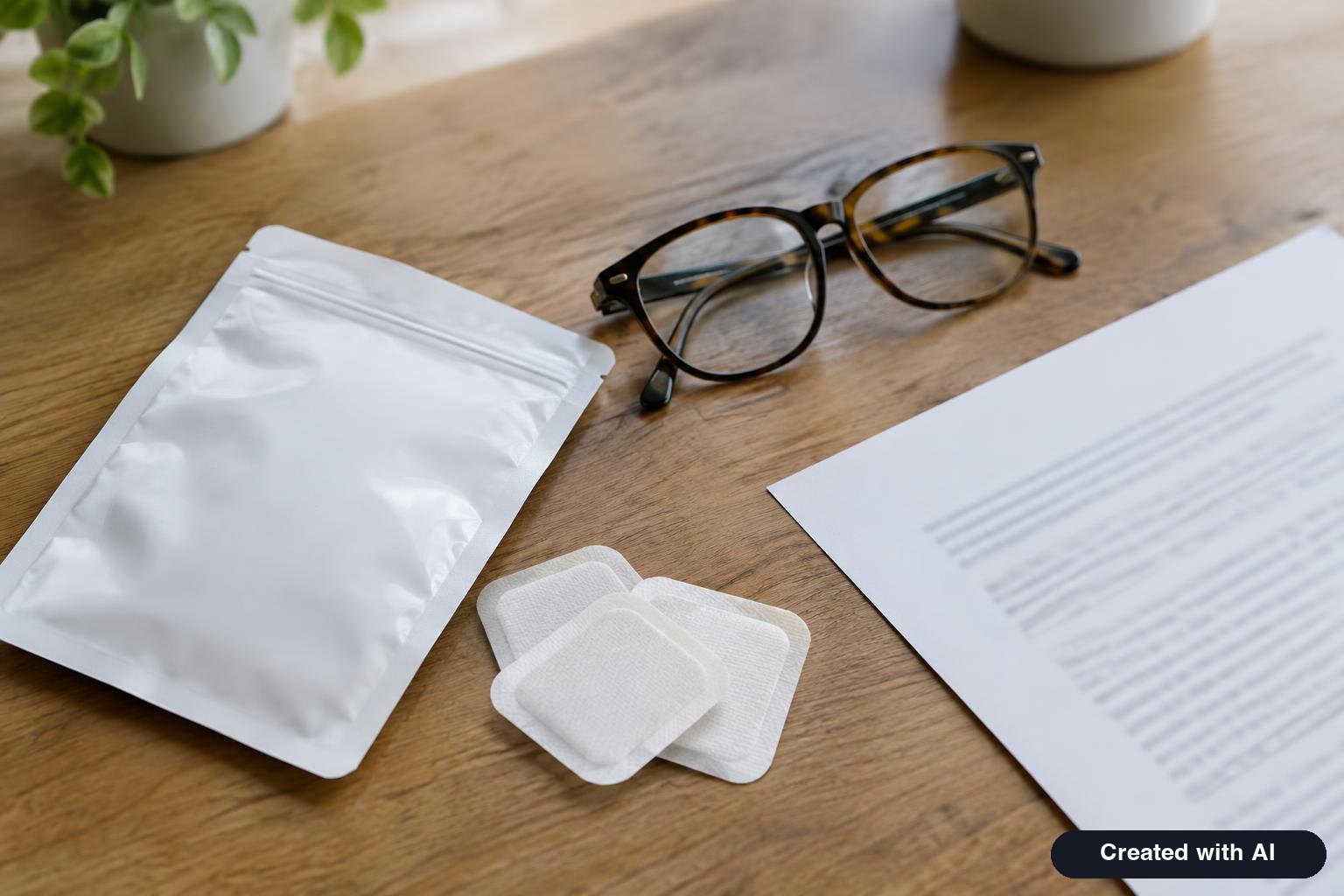 Unbranded white pouch of adhesive patches next to reading glasses and a printed ingredient sheet