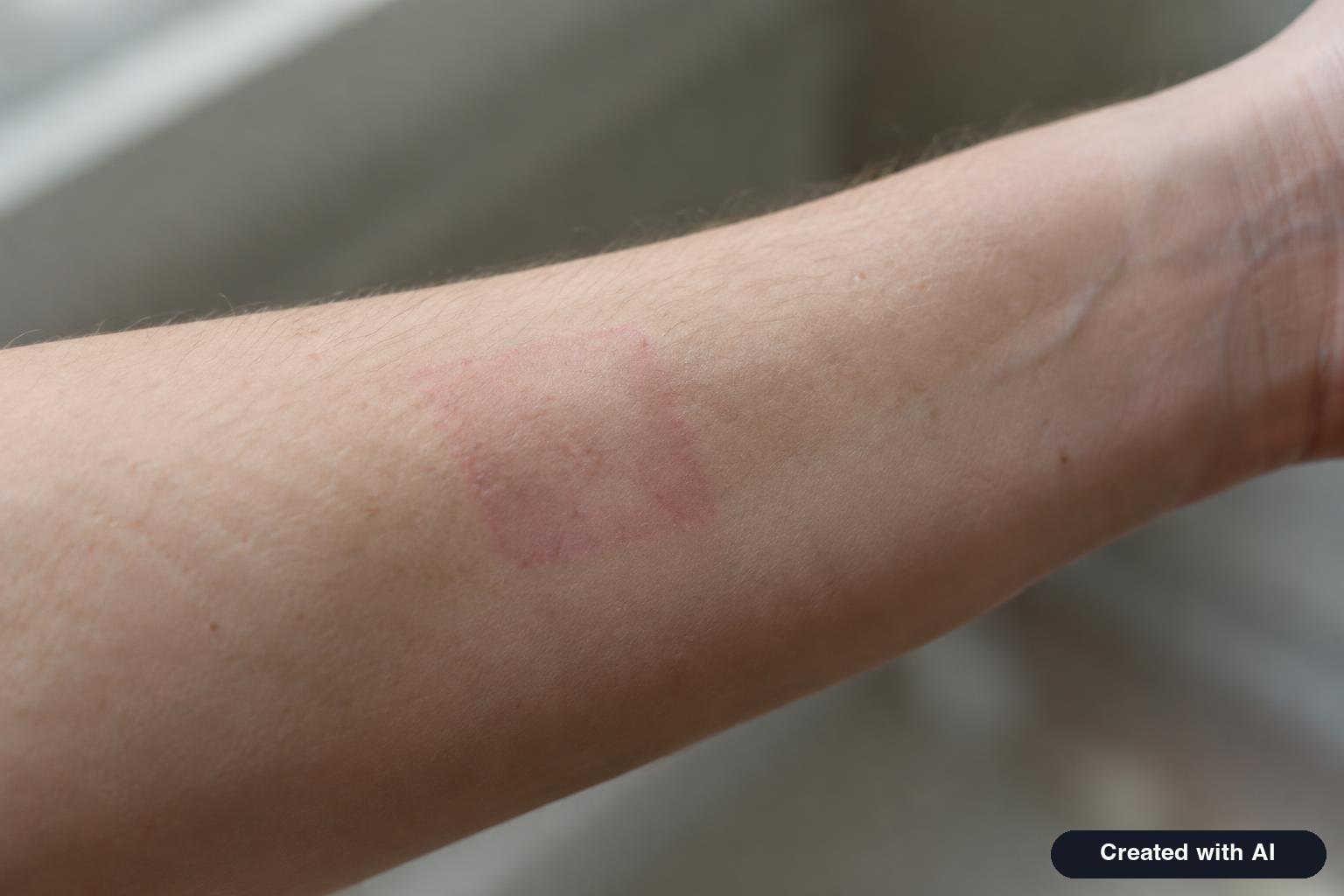 Forearm with a faint square area of mild redness where an adhesive patch was removed