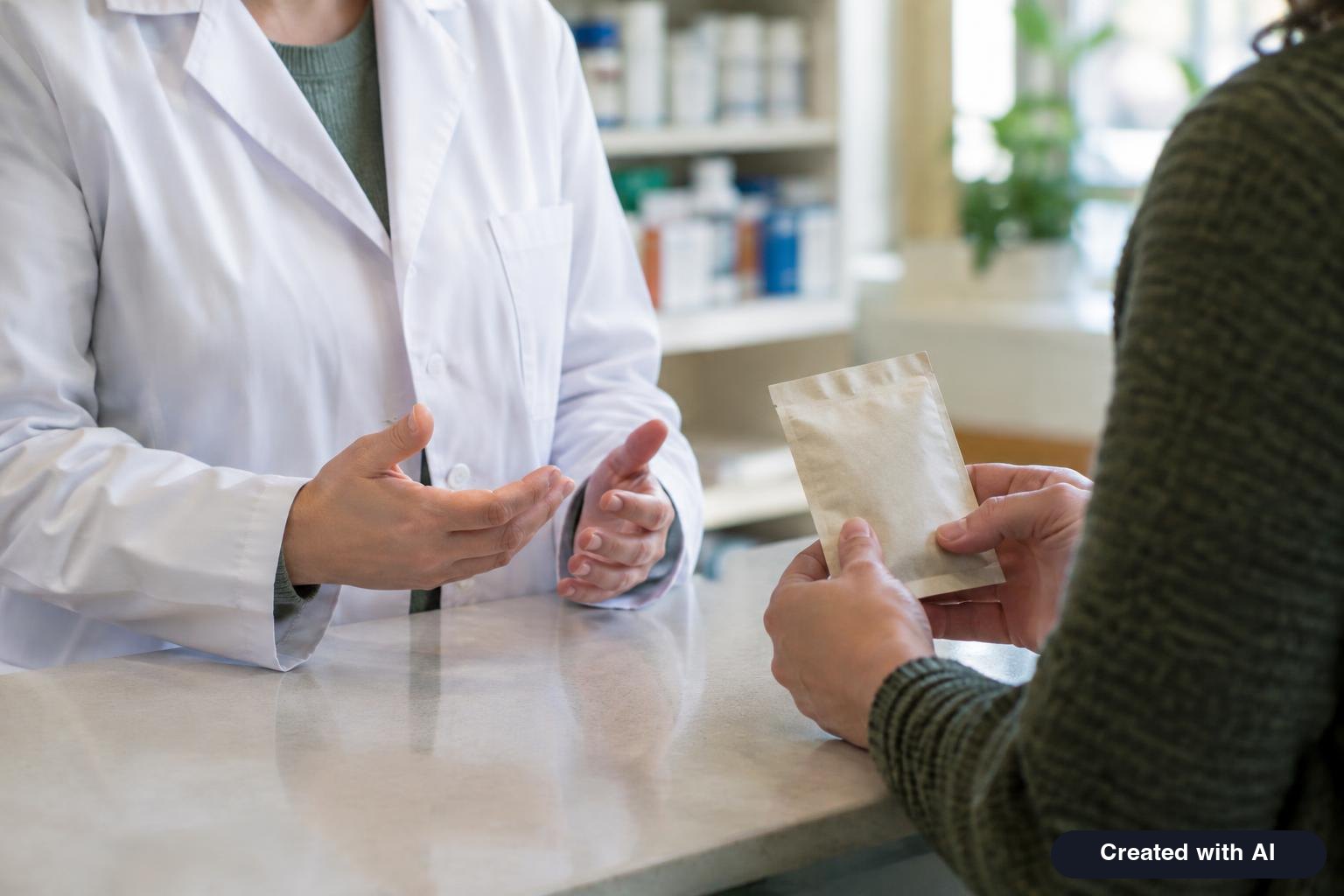 Pharmacist at a counter talking with a customer who is holding a small pouch