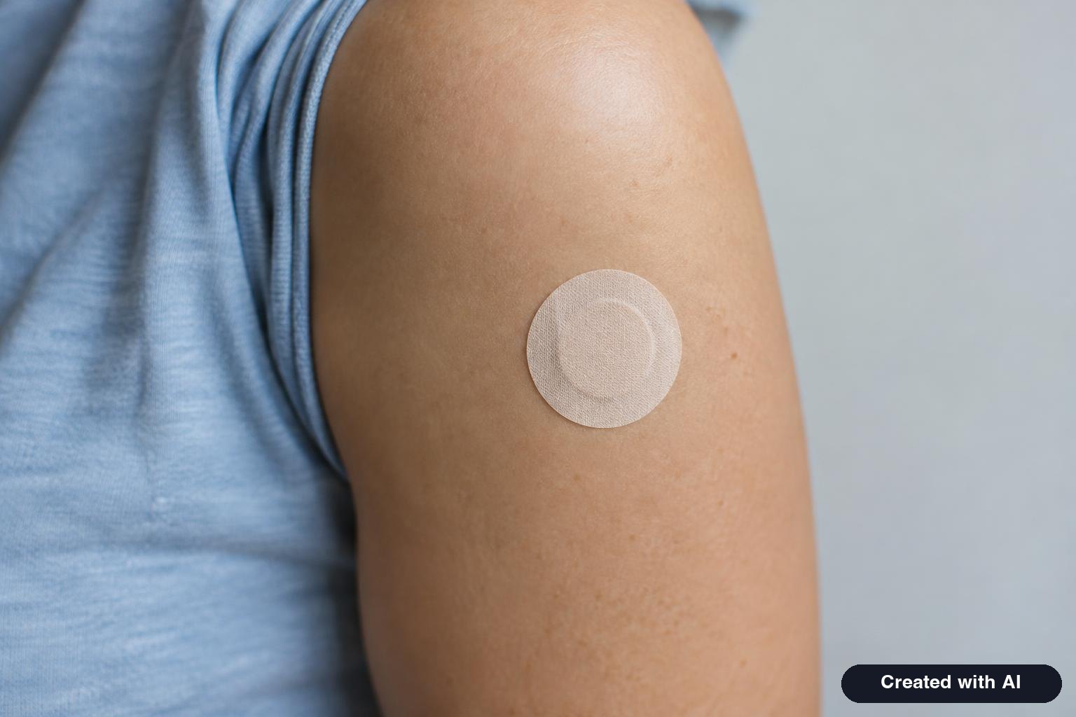 Small round adhesive wellness patch on a person's upper arm