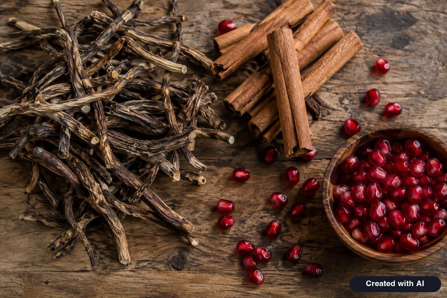 Dried barberry roots, cinnamon sticks and pomegranate seeds on a wooden table