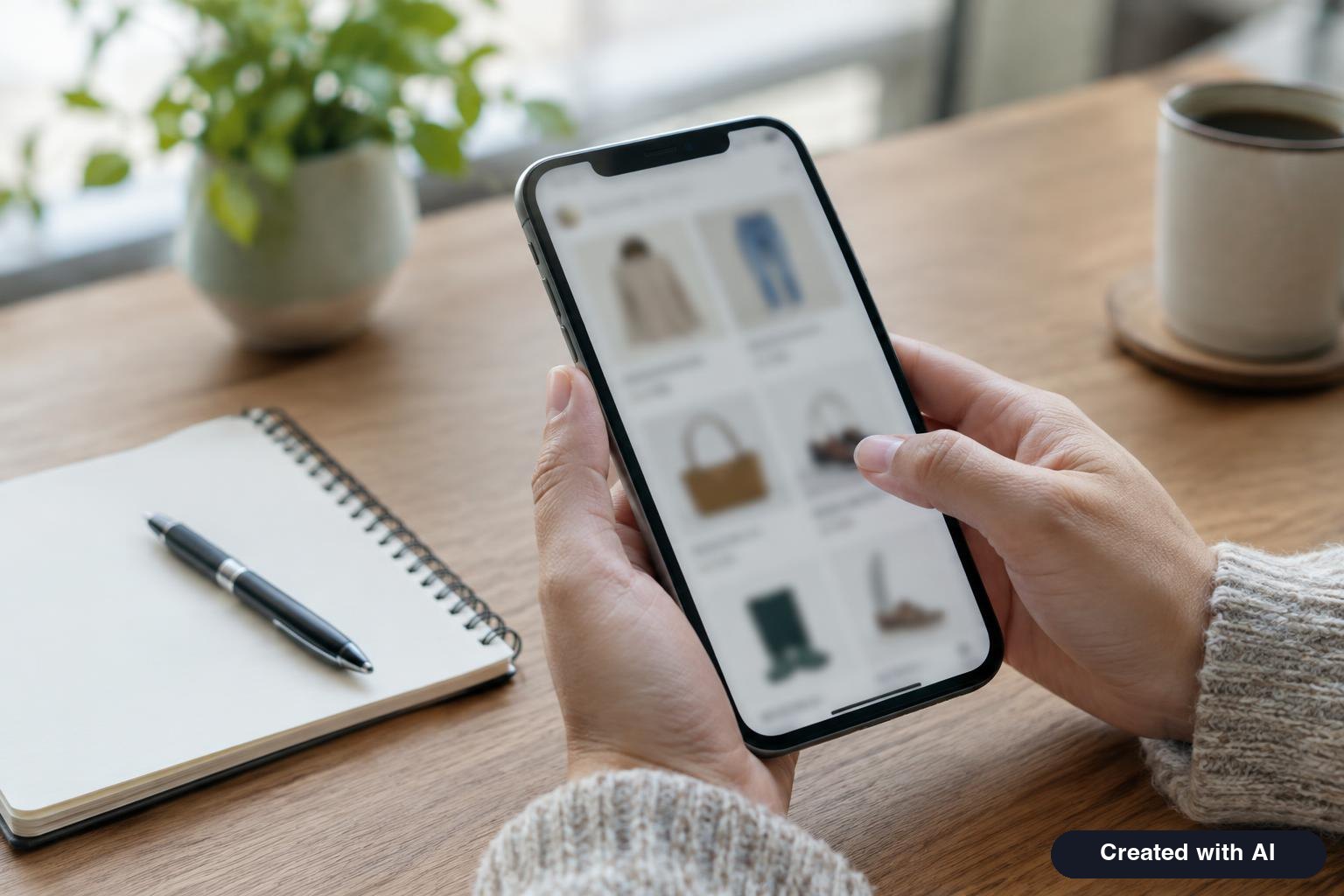 Hands holding a smartphone showing an online shopping page beside a notebook and pen