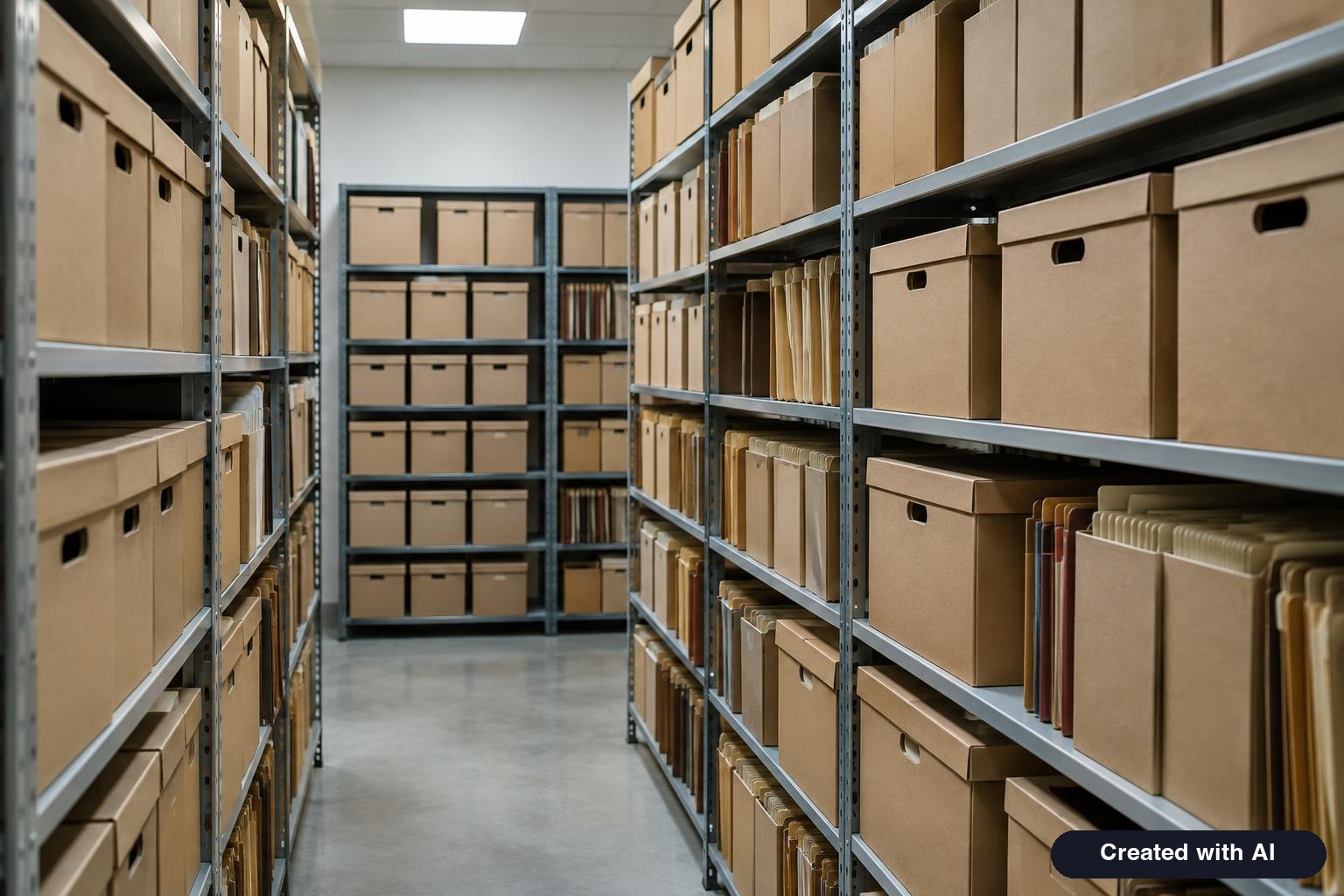 Stacks of folders on shelves in an archive room