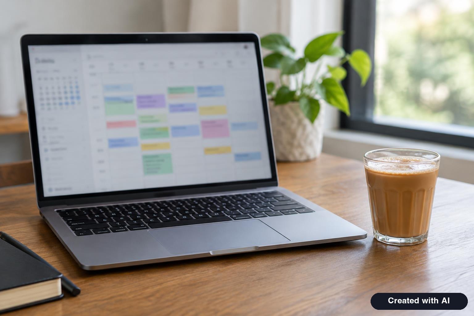 A laptop with a blurred calendar view on a desk with tea