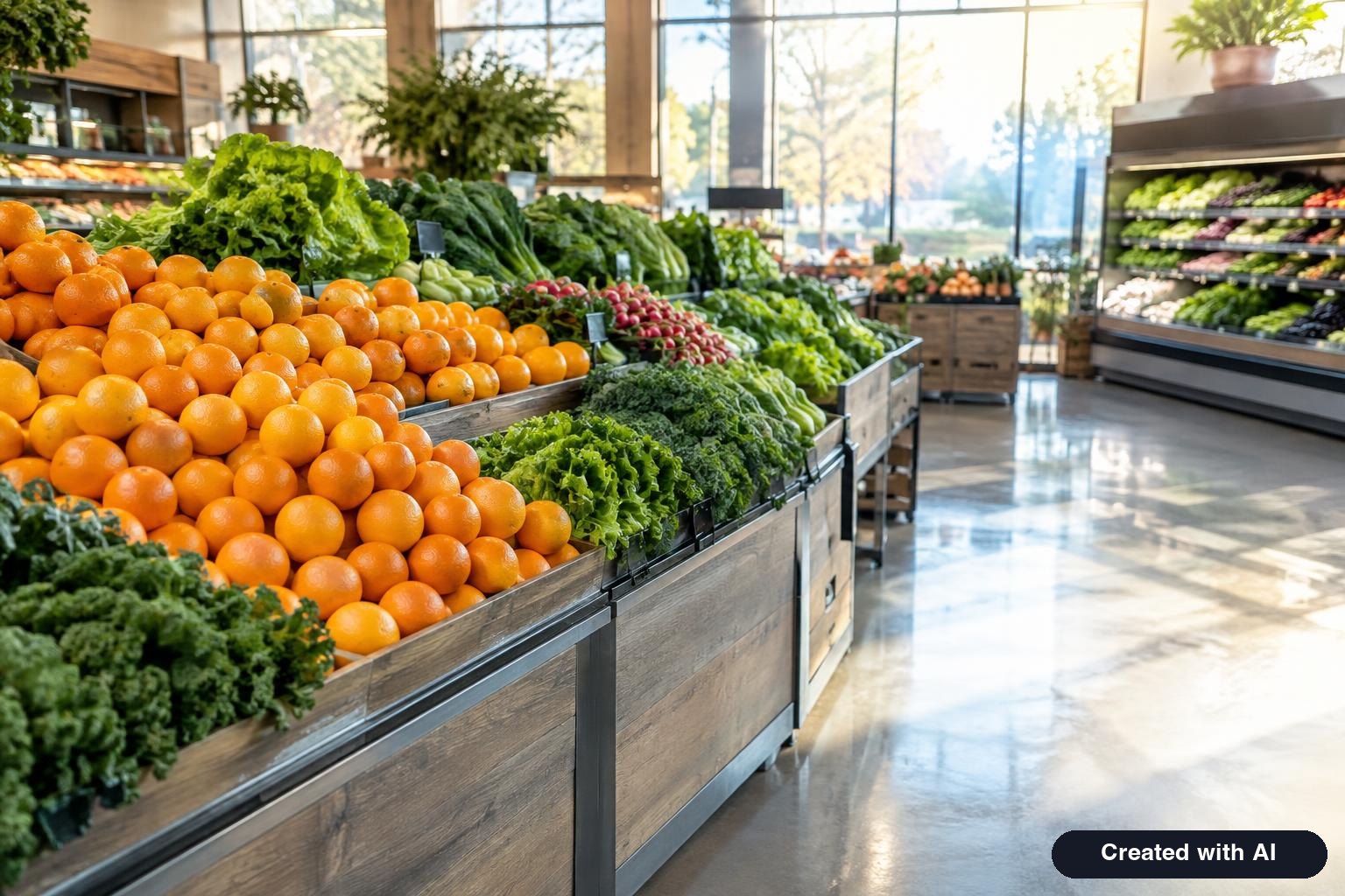 A supermarket produce aisle with stacked oranges and greens, nearly empty of shoppers, soft morning light