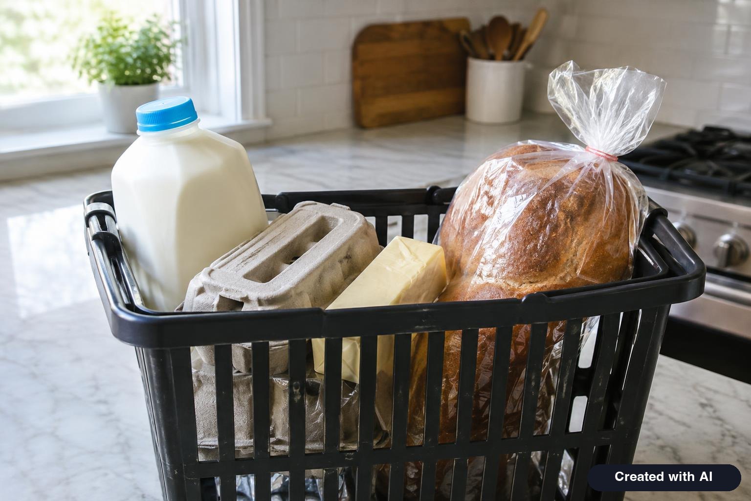 A grocery basket holding milk, a carton of eggs, butter and a loaf of bread on a kitchen counter