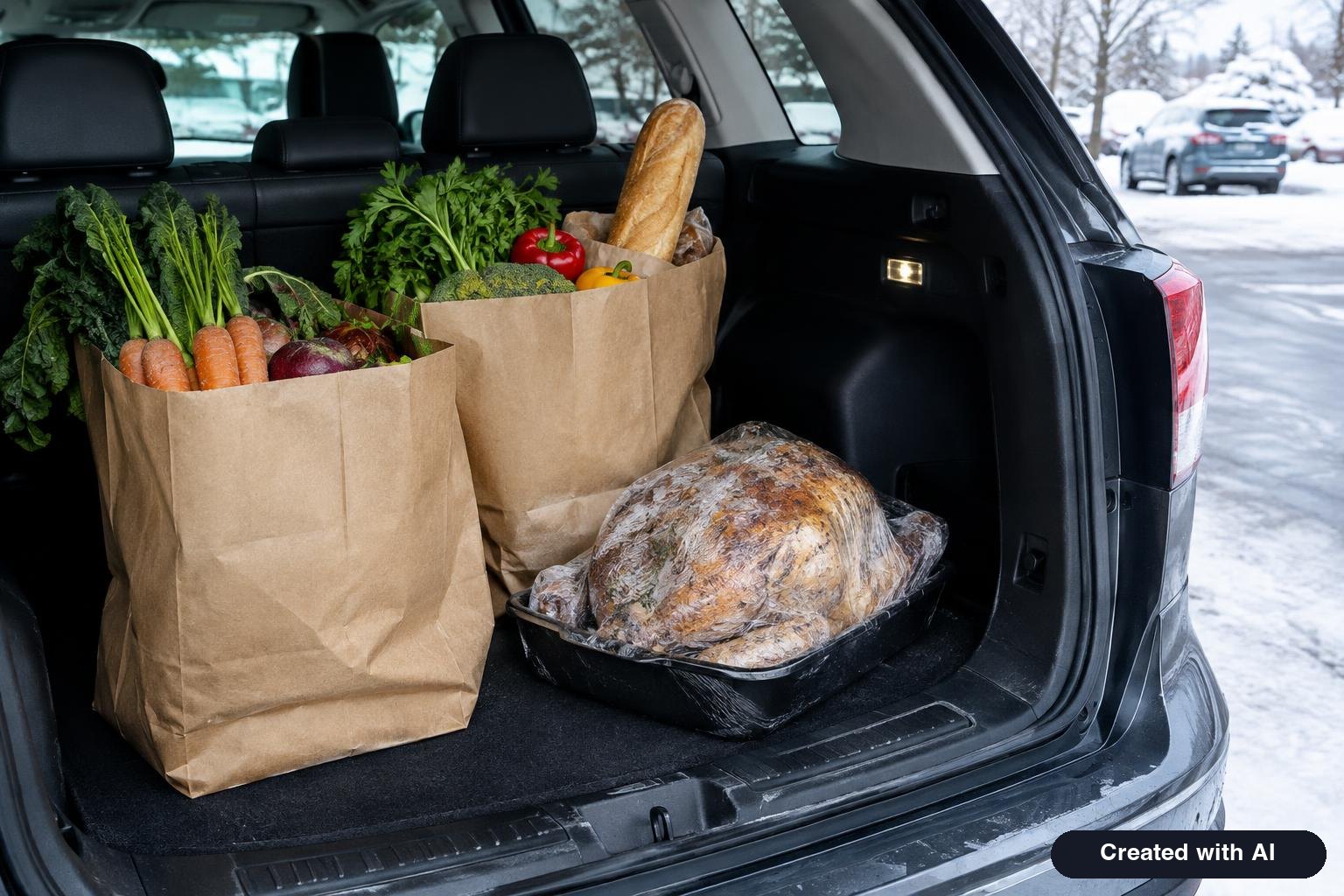 Paper grocery bags filled with vegetables, bread and a wrapped roast sitting in the open trunk of a car in a winter parking lot