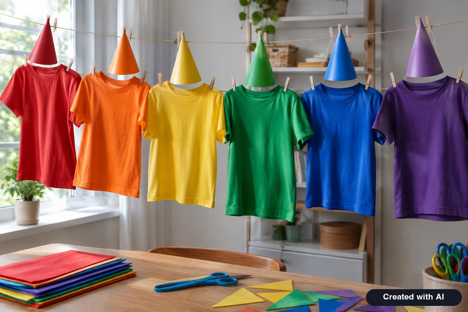 Row of colorful matching Halloween group costume T-shirts and paper cone hats hanging on a clothesline indoors