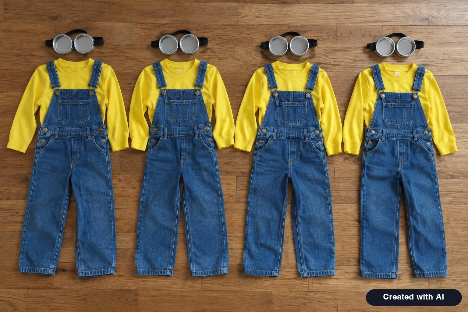 Matching yellow T-shirts, denim overalls and round goggles laid out in a row on a floor for a large group Halloween costume