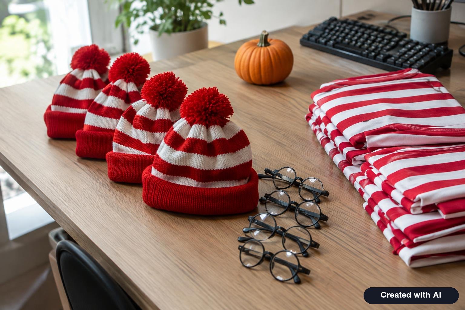 Office desk with a row of red and white striped beanies, round glasses and folded striped shirts prepared for a team Halloween costume