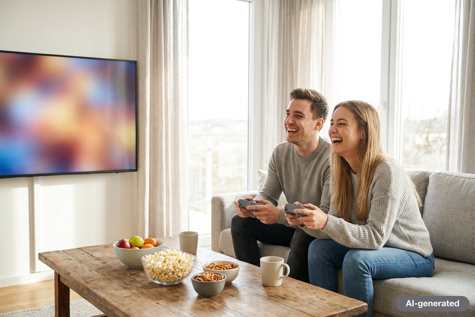 Two friends sitting on a sofa holding game controllers in a bright living room, a television glowing softly in front of them