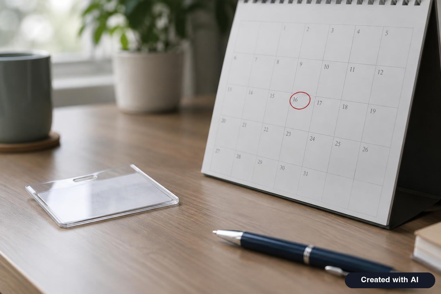 Wall calendar with a date circled in red beside an employment card holder and a pen