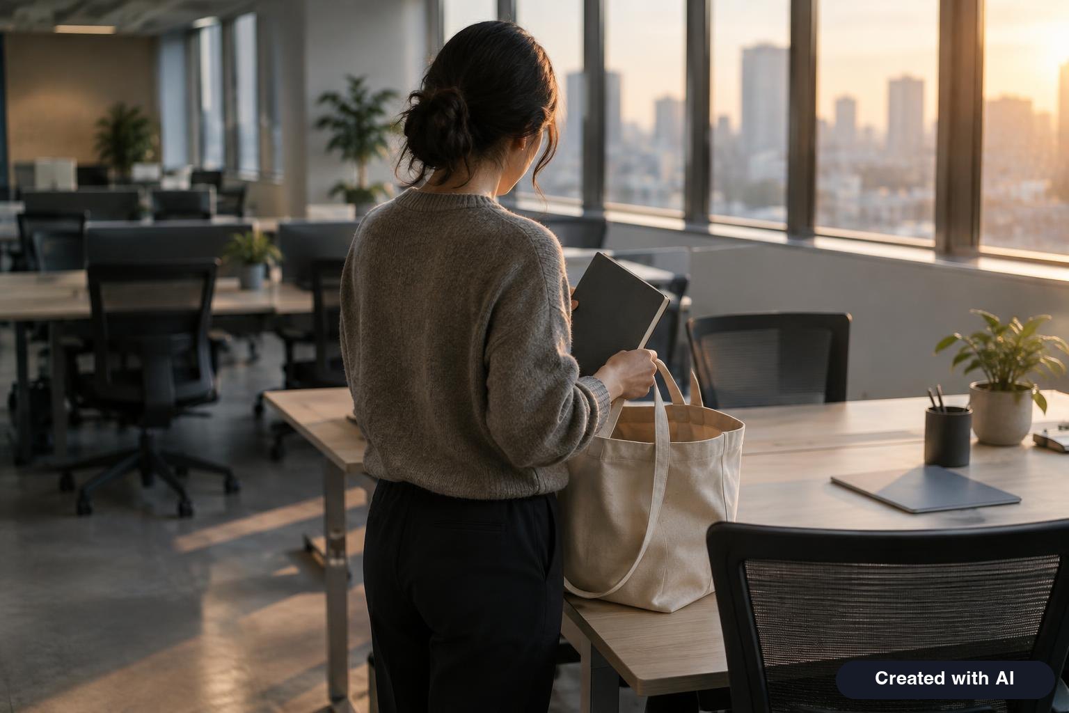 Office worker packing a notebook into a bag at an empty desk in late afternoon light