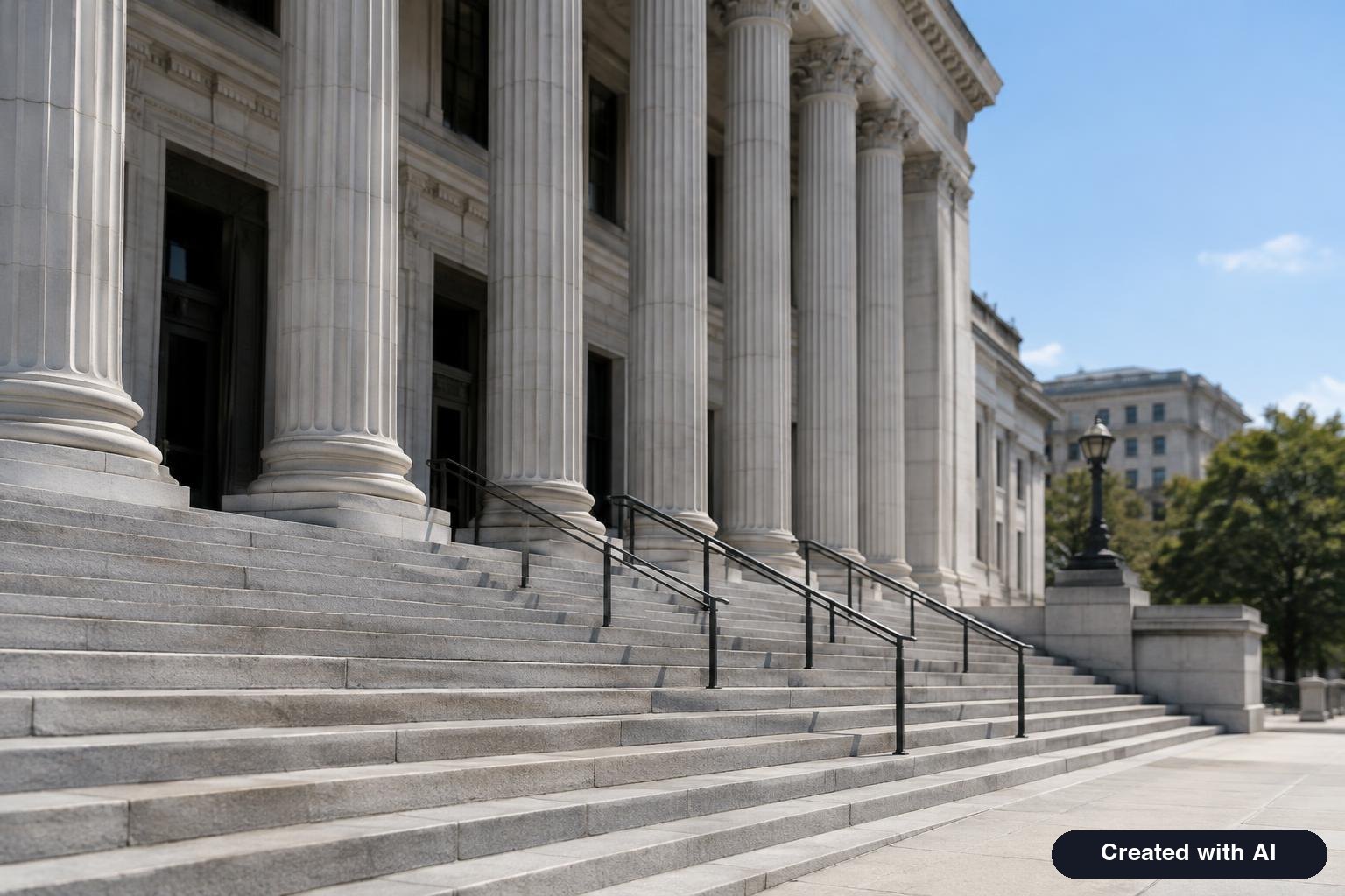 Exterior steps and columns of a federal courthouse on a clear day