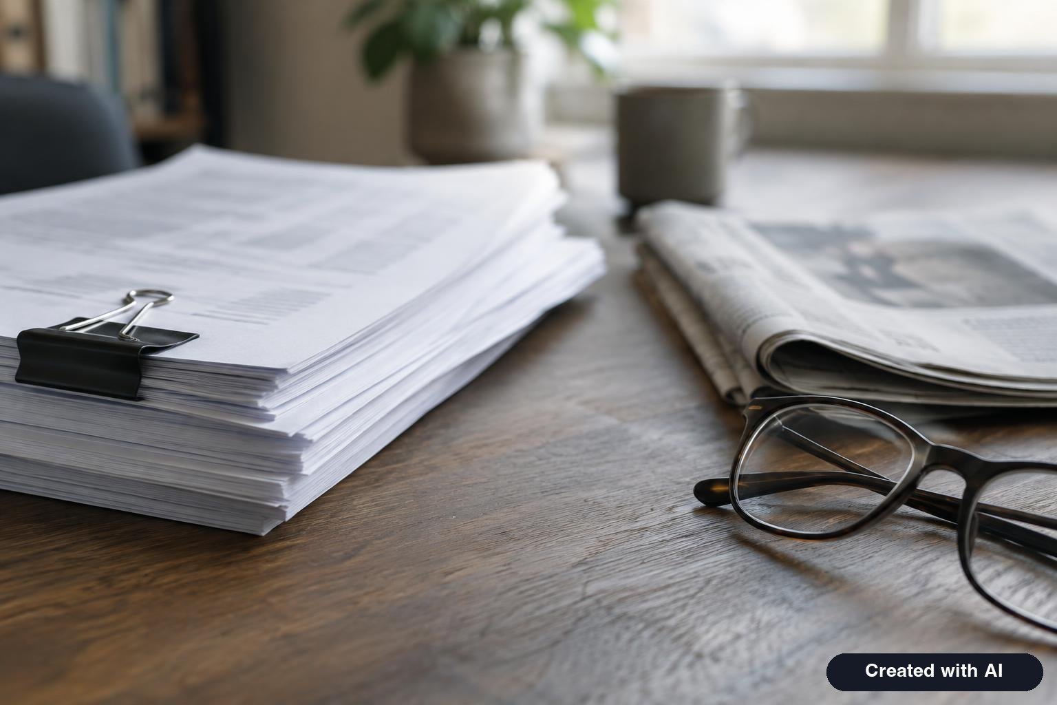 Stack of printed federal documents and a newspaper on a desk beside reading glasses
