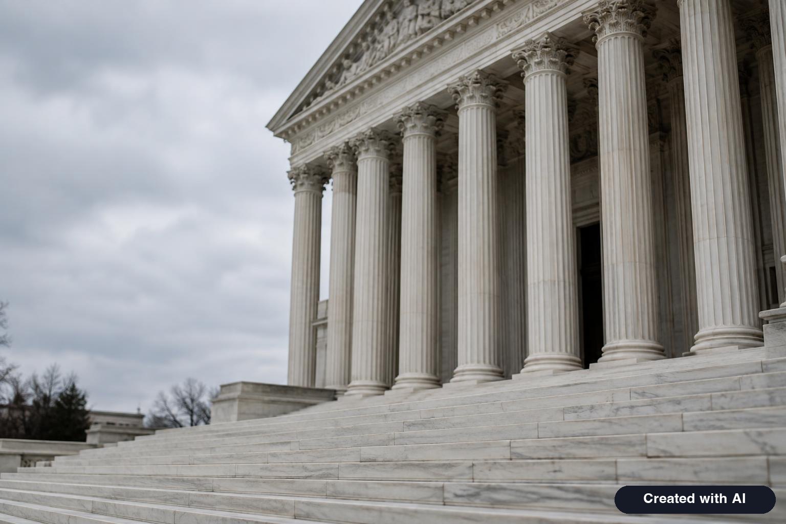 Marble steps and columns of a large courthouse under an overcast sky