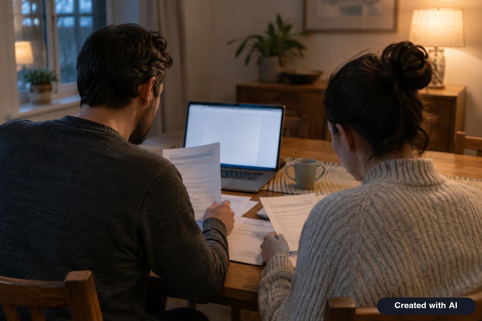 Couple reviewing paperwork together at a dining table with a laptop open