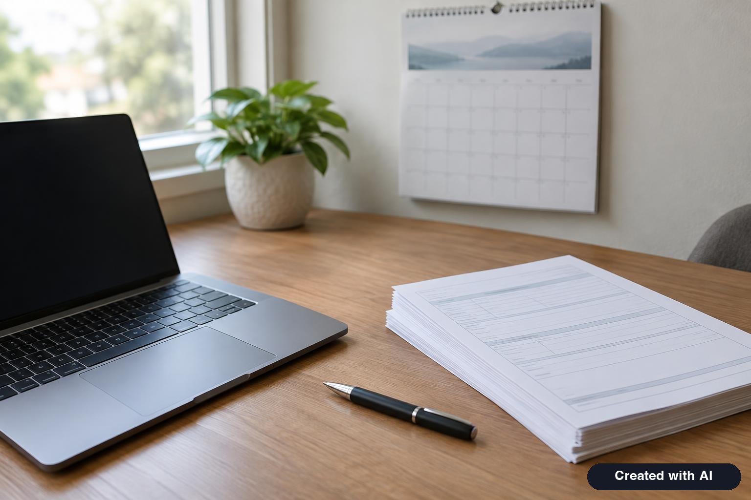 Desk with a wall calendar, a laptop and a stack of immigration paperwork