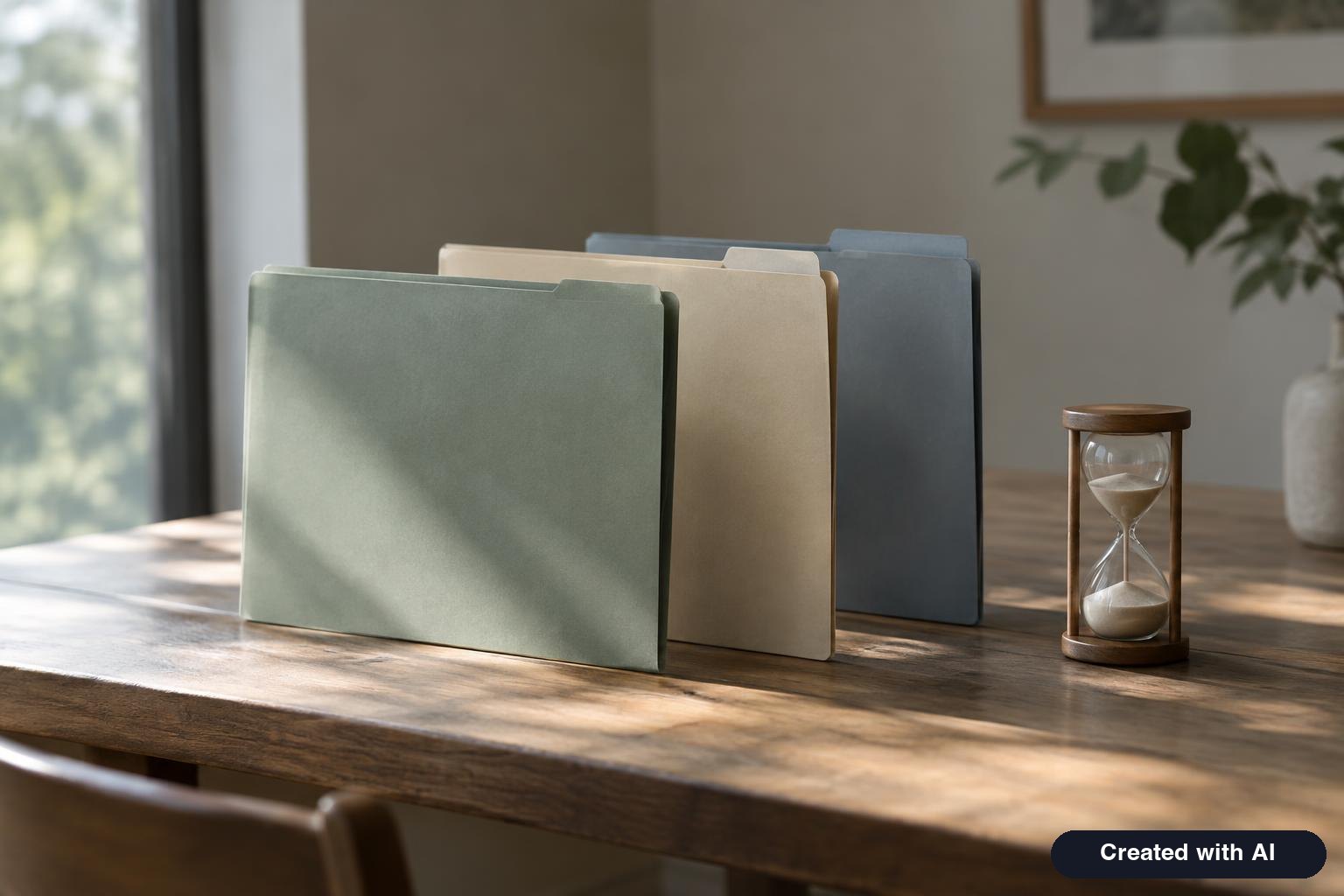 Three document folders arranged in sequence on a table with an hourglass beside them