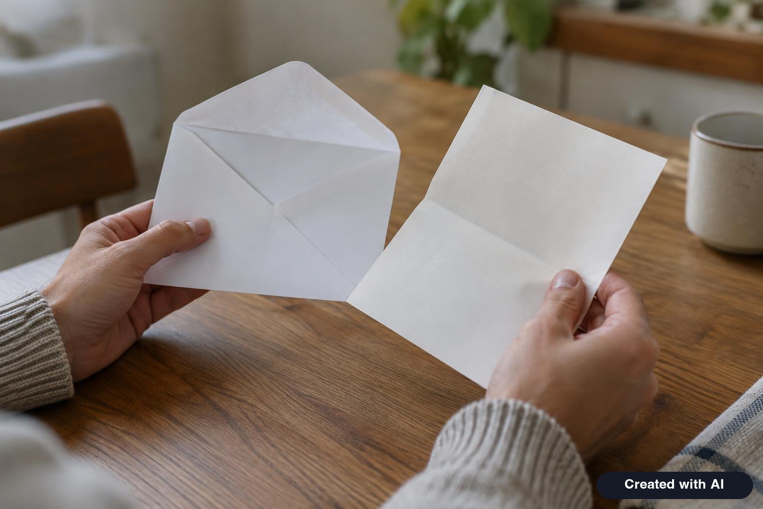 Hands holding an opened envelope and a notice letter at a kitchen table