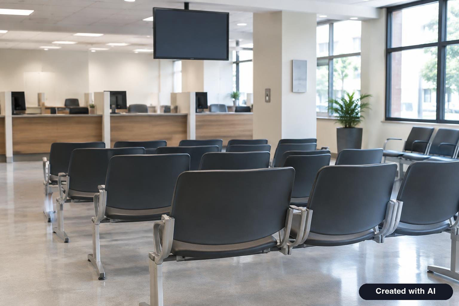 Waiting area of a government services office with rows of chairs and a numbered ticket display