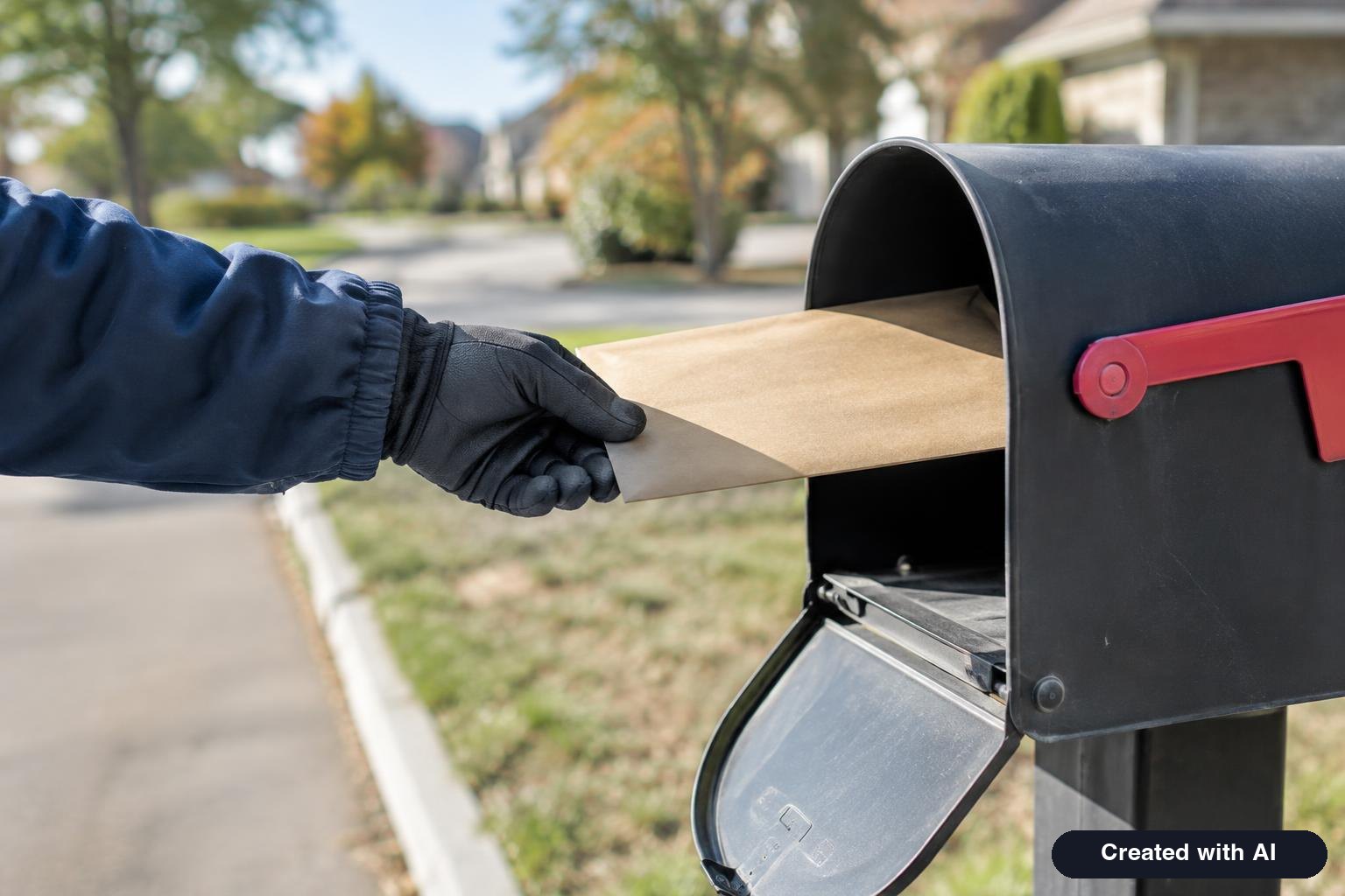 Mail carrier placing a priority envelope into a residential mailbox