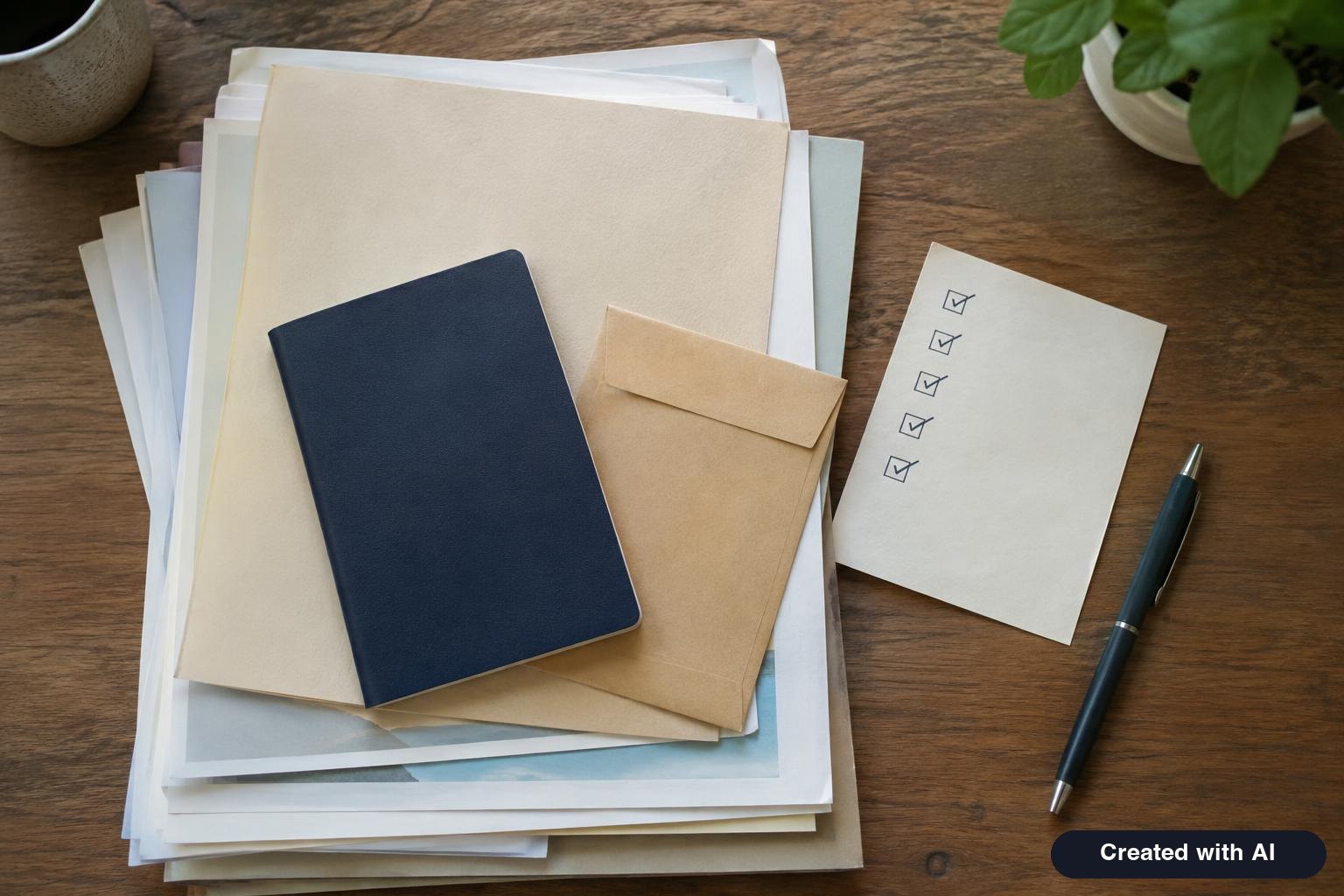 Organized stack of documents with a passport, photographs and a checklist on a desk