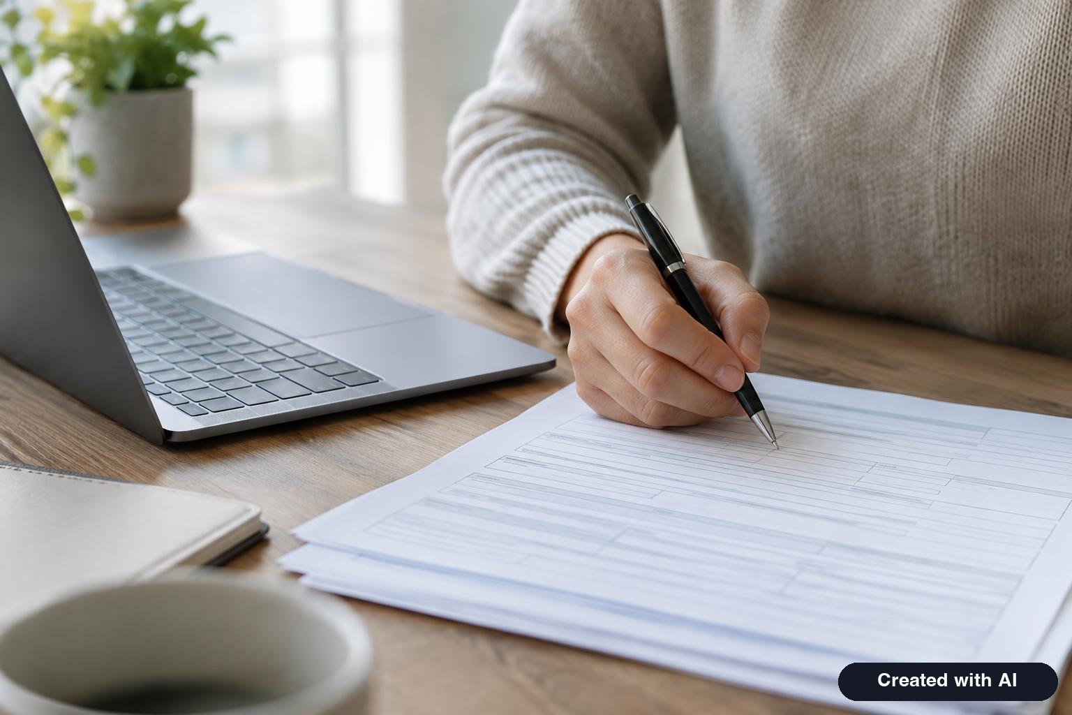 Person filling out a multi-page government form with a pen next to a laptop