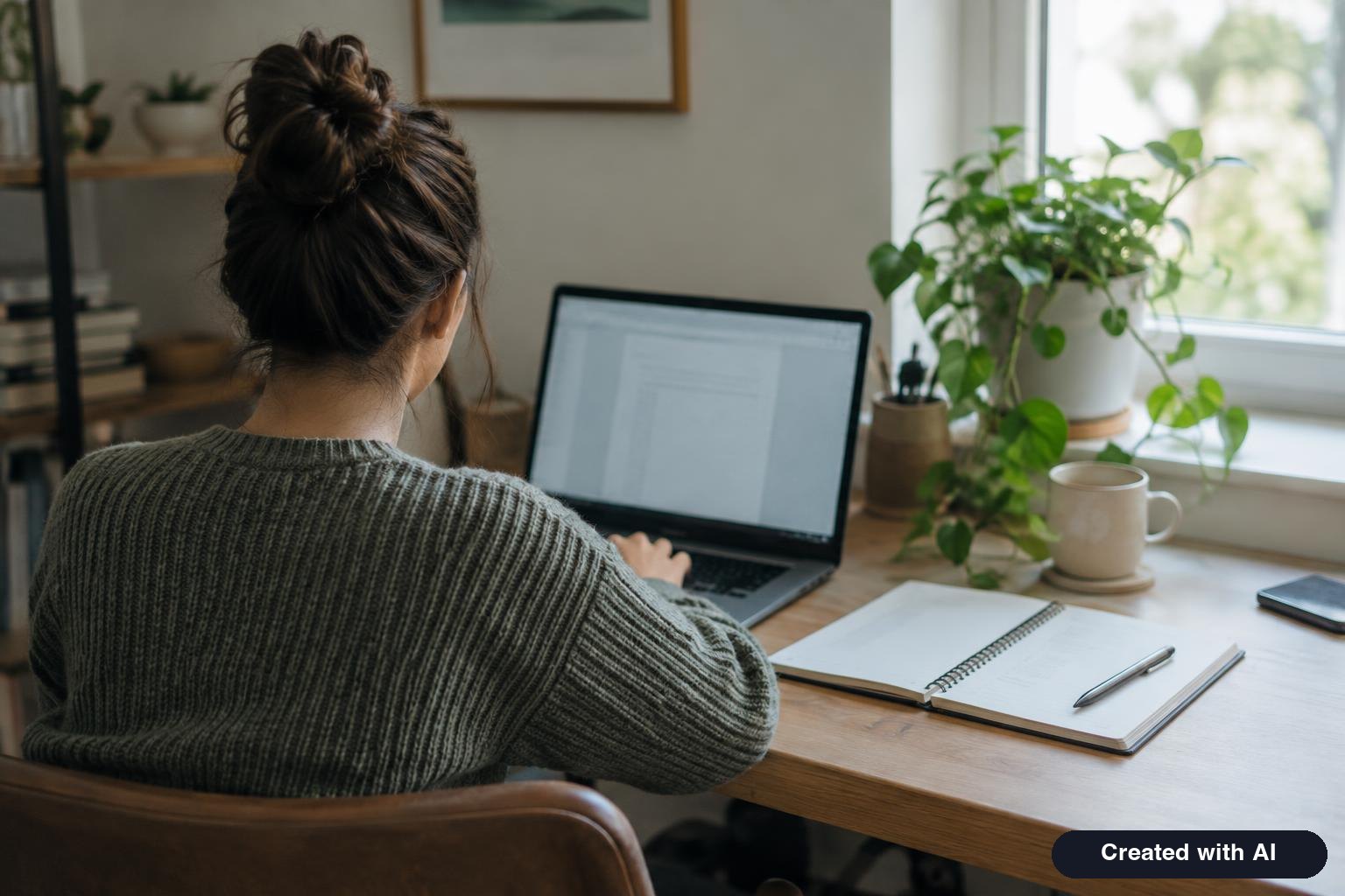 Small business owner working at a laptop in a home office with a planner open