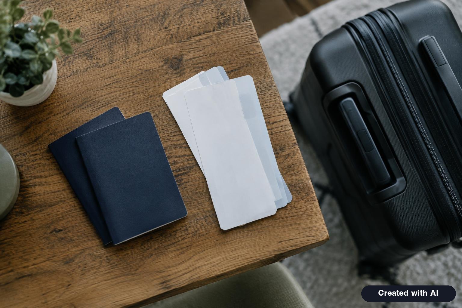 Passports and boarding documents on a table next to a packed carry-on suitcase