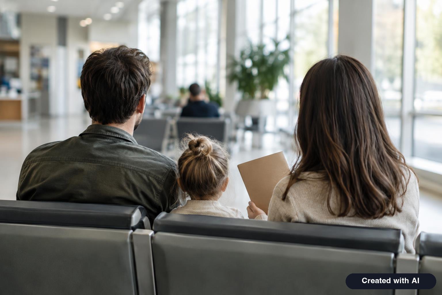 Family with a young child waiting in a bright consular waiting hall holding a document folder