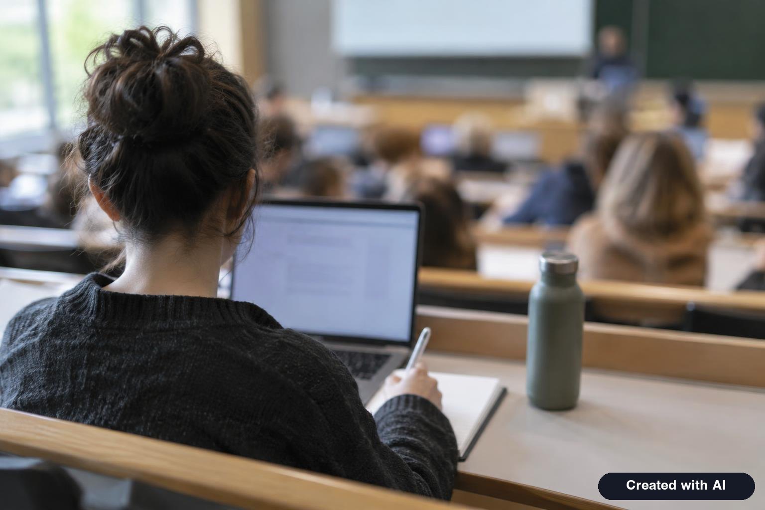 Adult student taking notes in a university lecture hall with a laptop open