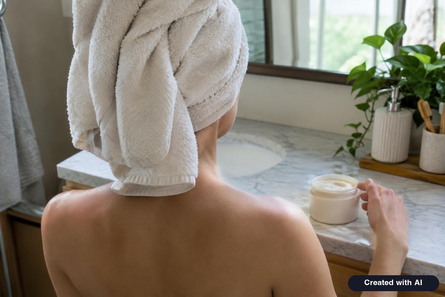 A towel-wrapped head and a jar of hair mask on a bathroom counter, face not visible
