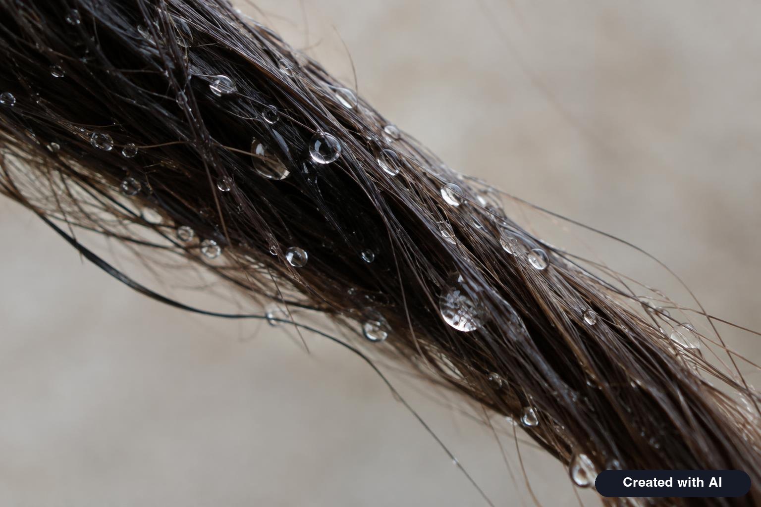 Water droplets beading on a lock of dark hair in close-up