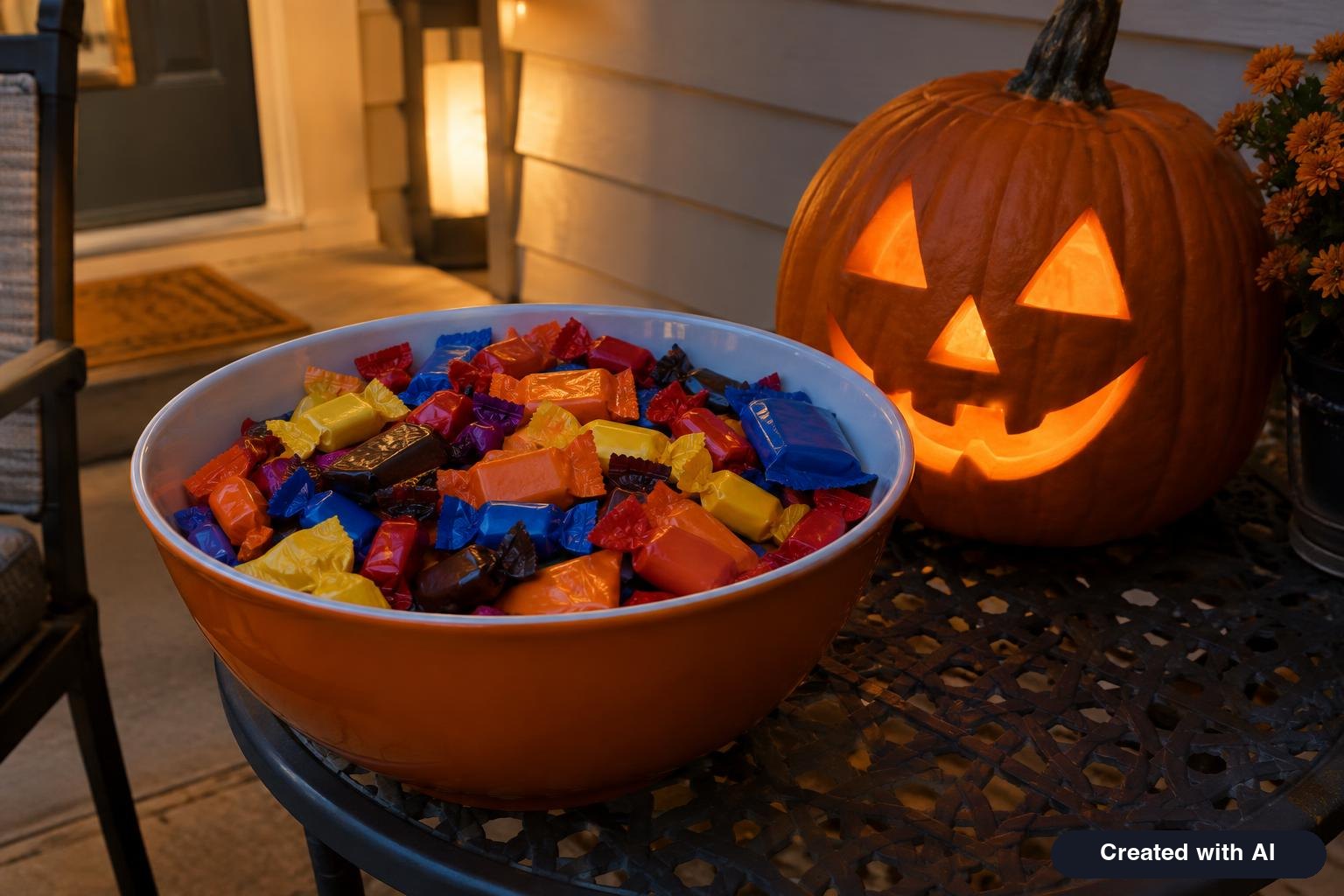 Large bowl of assorted wrapped fun-size Halloween candy on a porch table next to a carved pumpkin