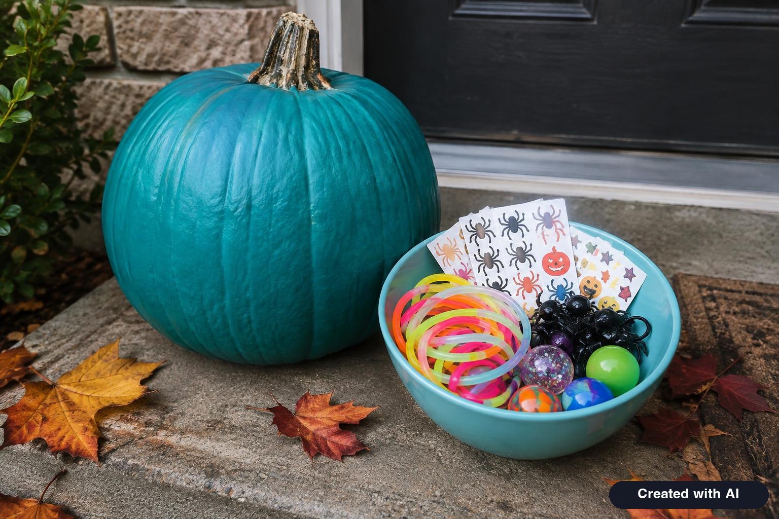 Teal painted pumpkin on a doorstep beside a bowl of glow bracelets, stickers and small toys for trick-or-treaters
