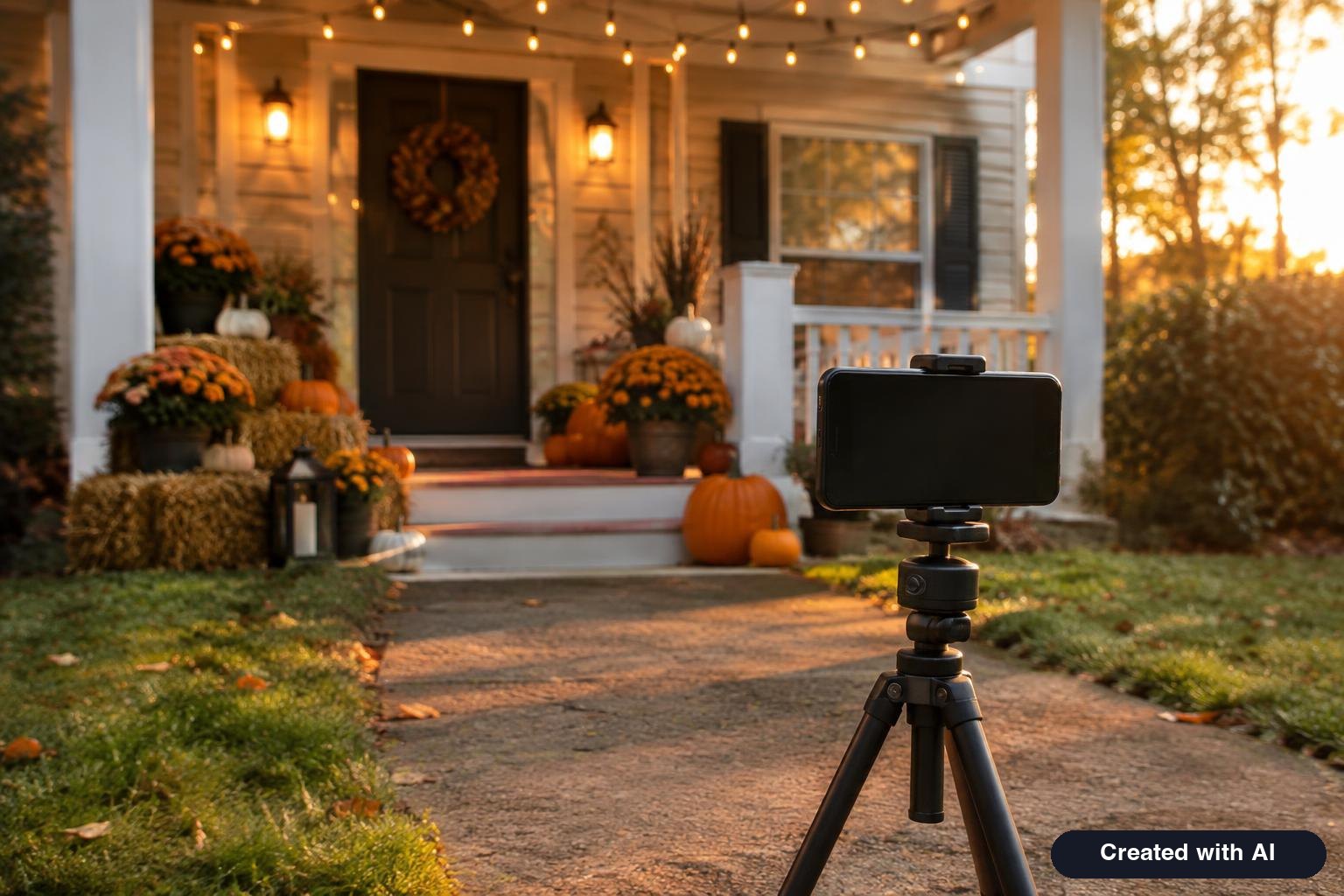 Phone on a tripod pointed at a porch decorated with pumpkins, hay bales and string lights at golden hour
