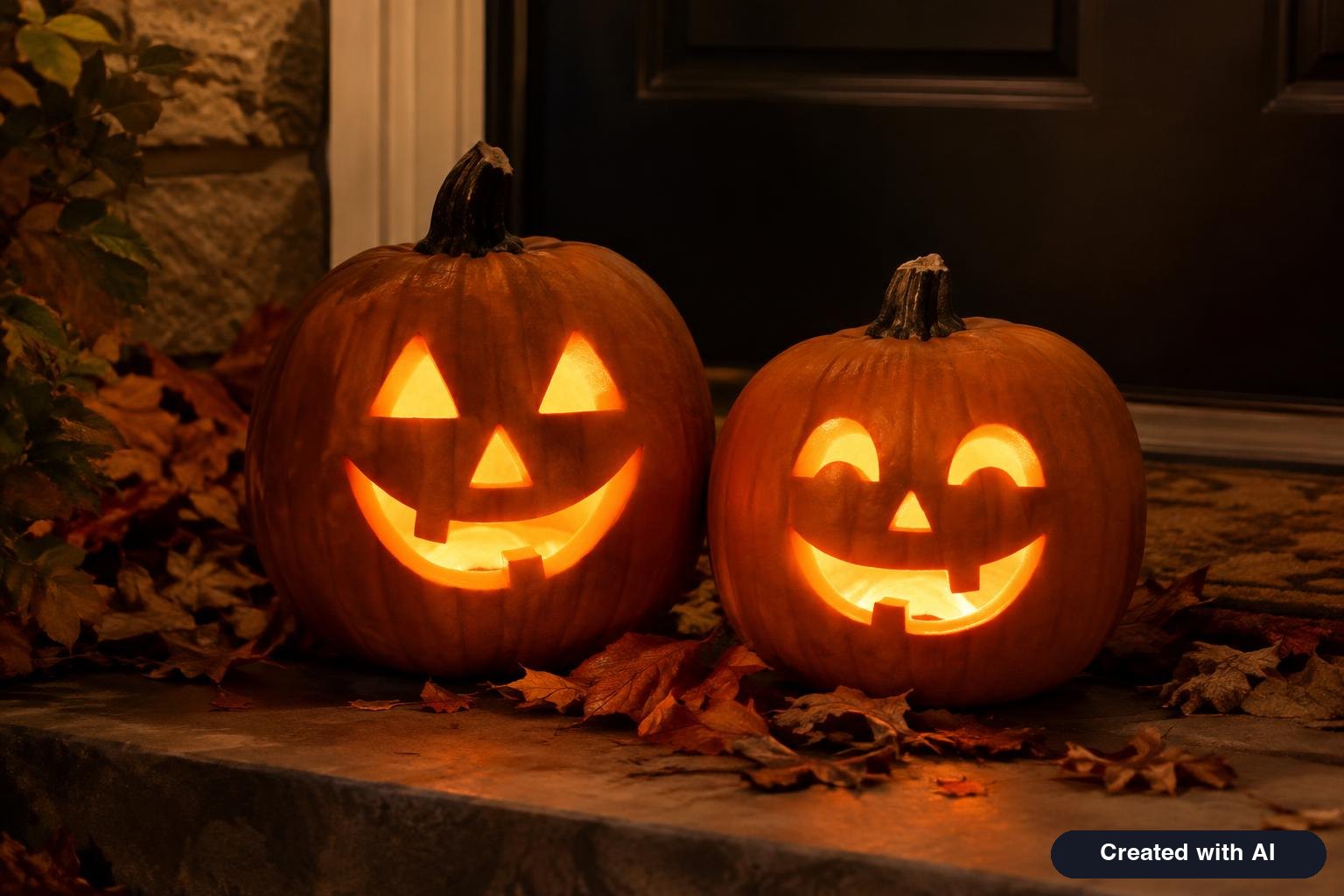 Two carved pumpkins glowing side by side on a doorstep at night with autumn leaves around them